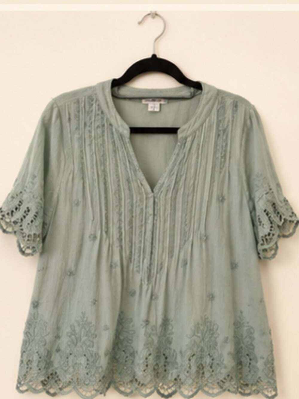 Sundance Prairie Chic Nostalgia Sage Embroidered Pintuck Lace Boho Blouse PM - Picture 3 of 9